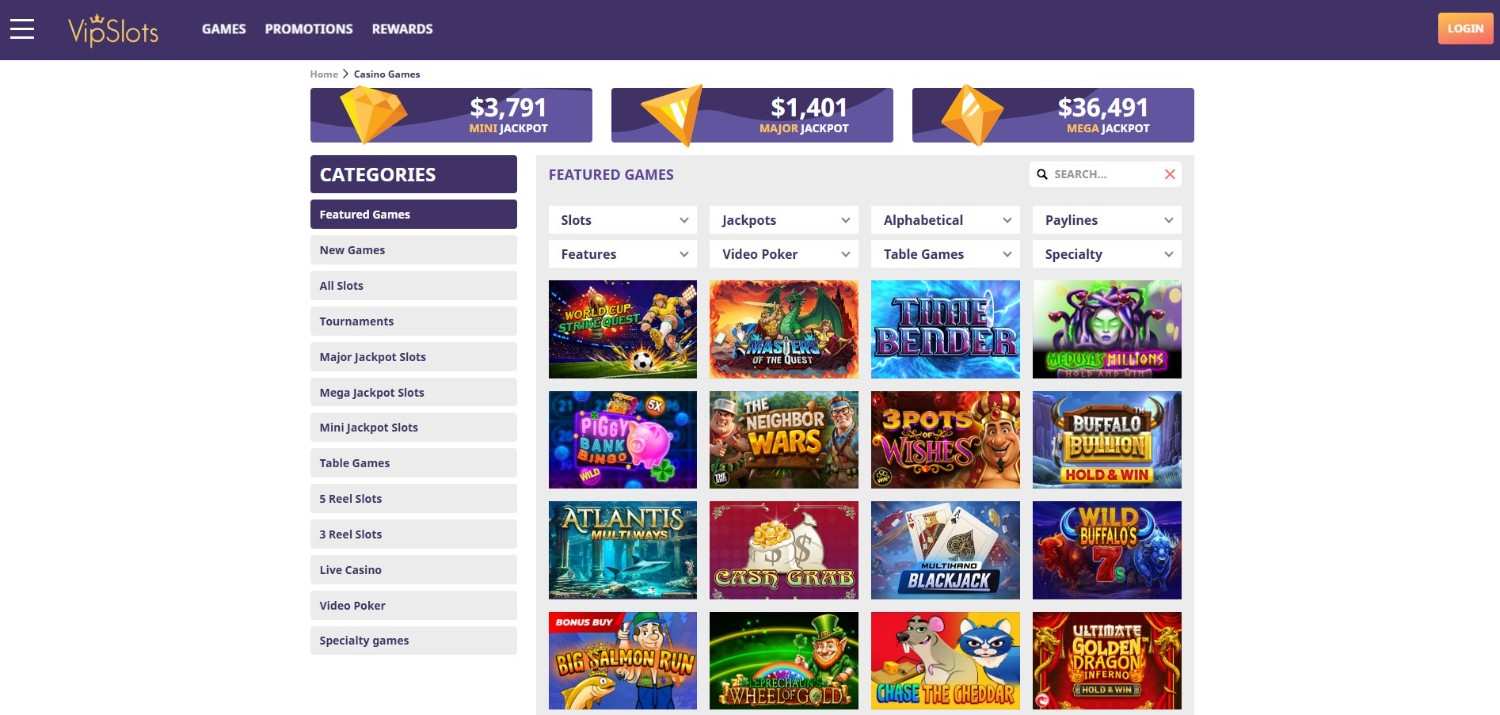 VIP Slots homepage screenshot showing progressive jackpots and Featured Games grid