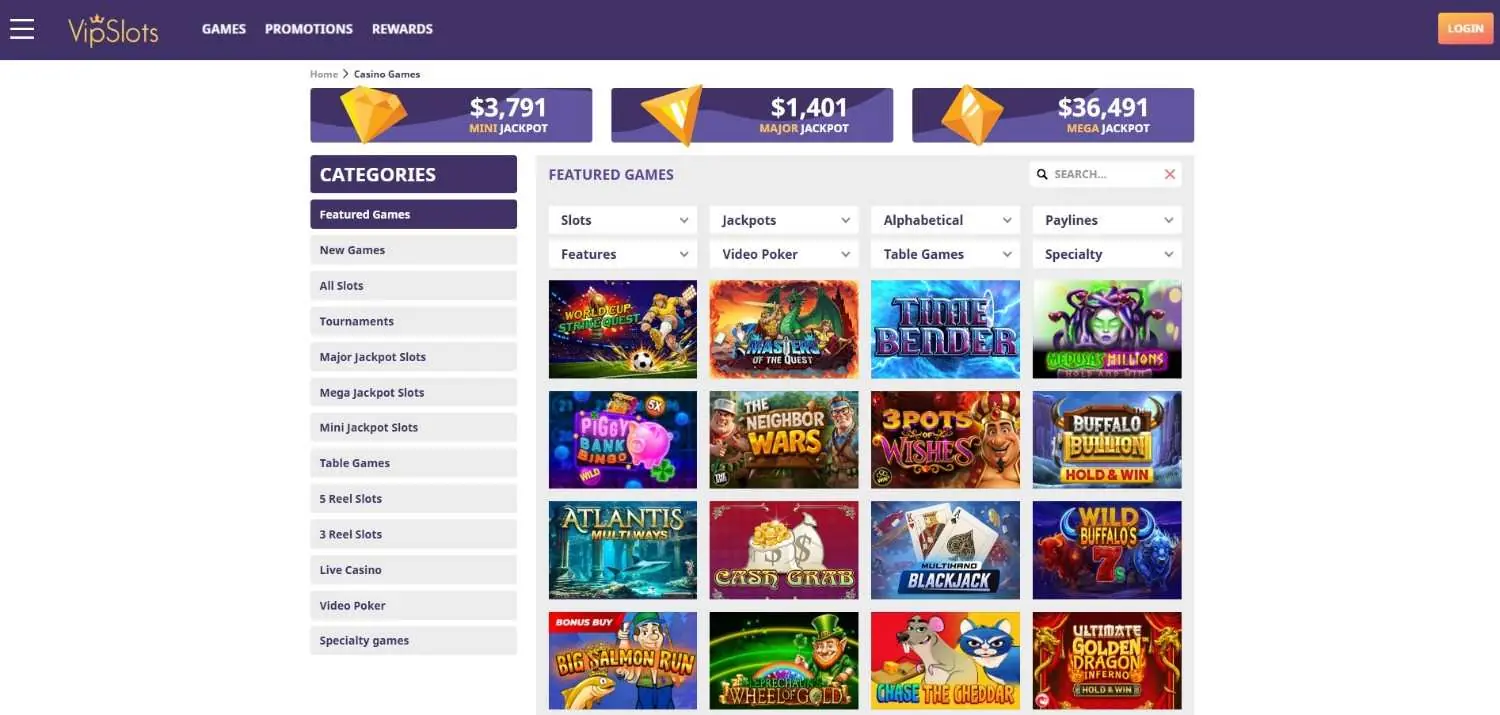 VIP Slots homepage screenshot showing progressive jackpots and Featured Games grid