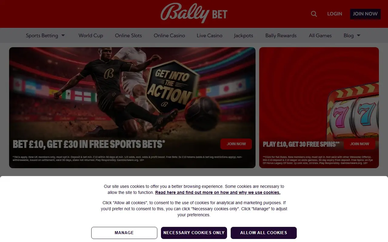 Bally Bet UK homepage showing sports and casino navigation
