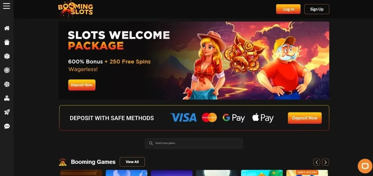 Booming Slots Homepage 2026-06 Booming Slots casino homepage showing the welcome bonus banner and game lobby