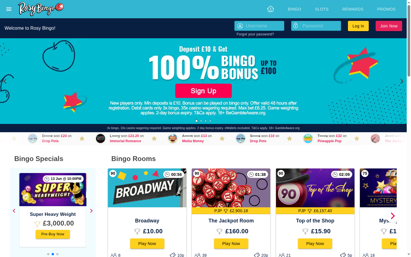 Rosy Bingo homepage screenshot