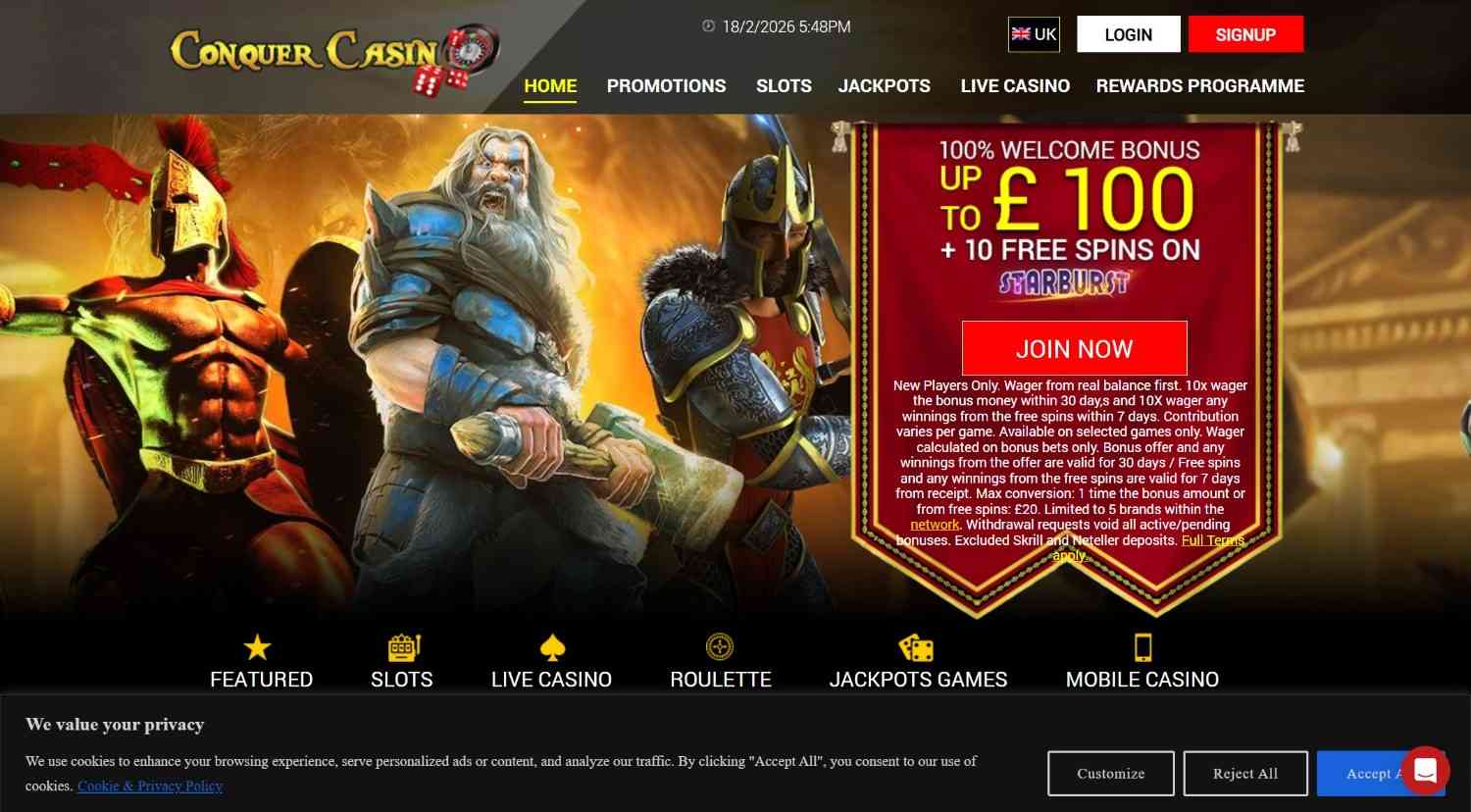 Conquer Casino Homepage Conquer Casino UK homepage screenshot