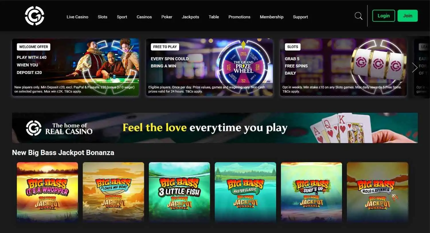Grosvenor Casino homepage screenshot