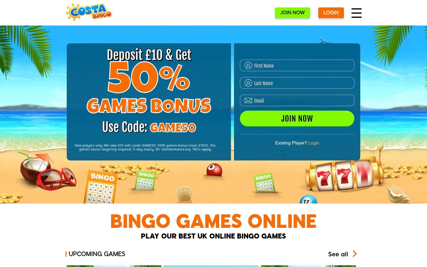 Costa Bingo homepage screenshot