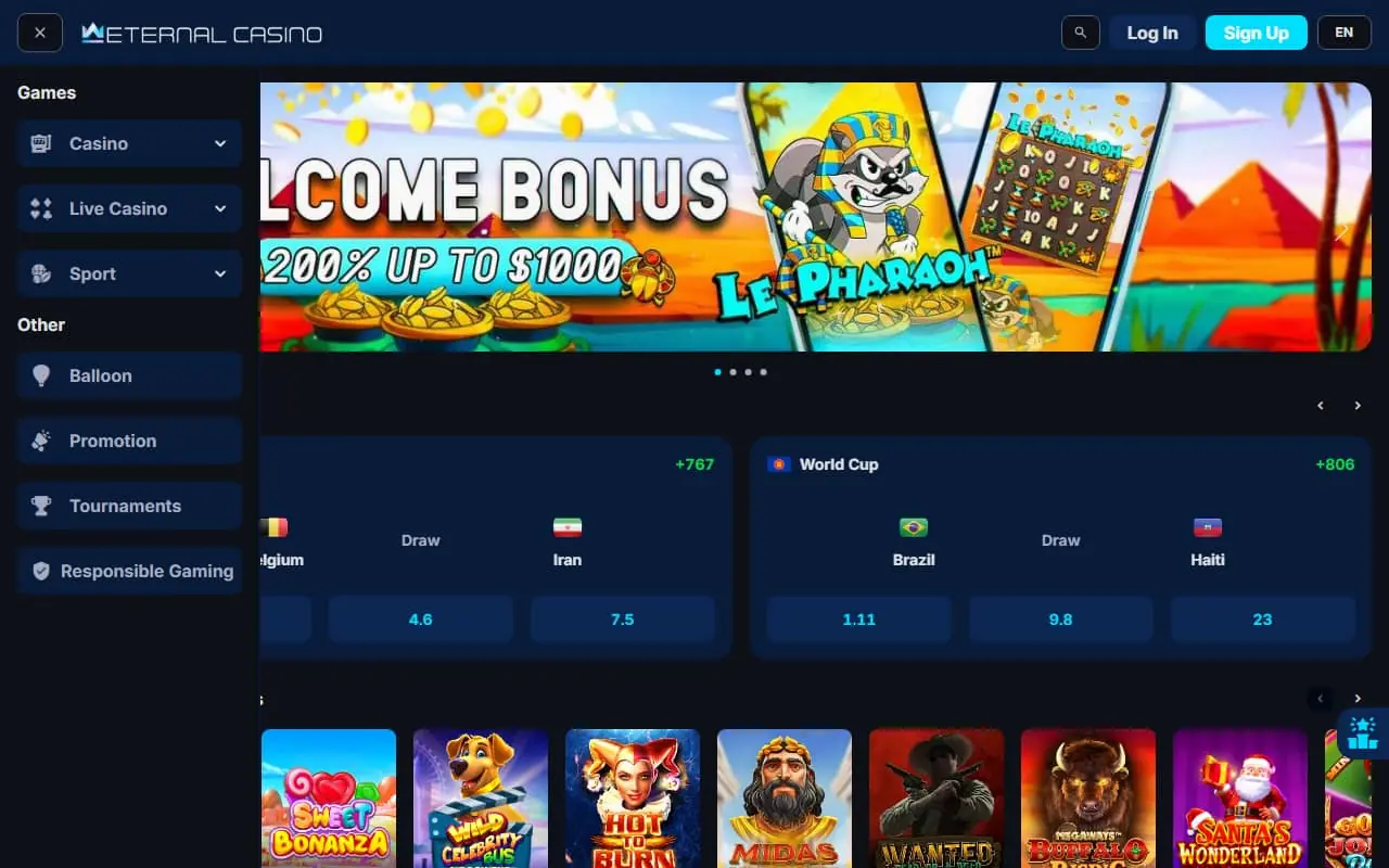 Eternal Casino homepage screenshot