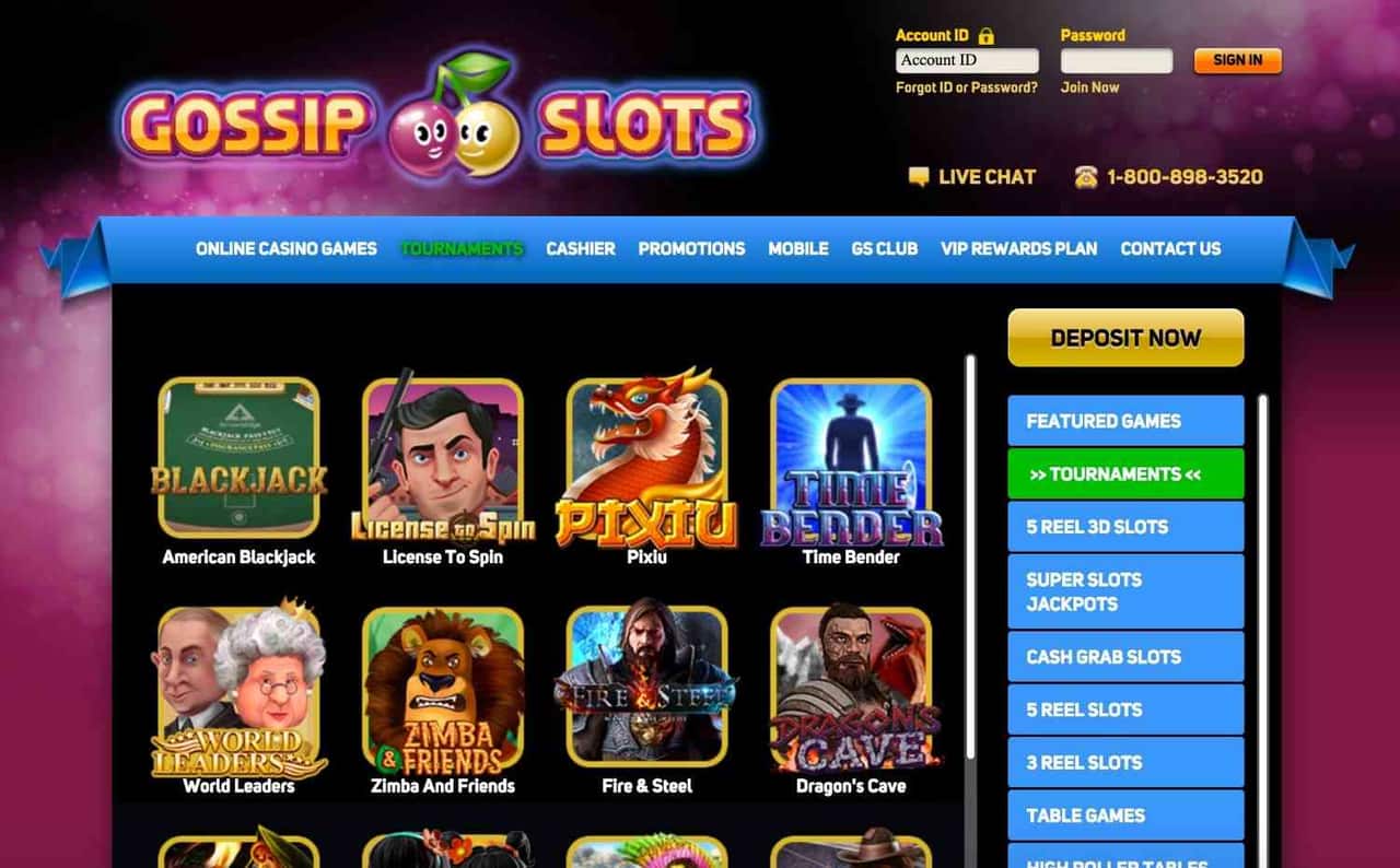 Gossip Slots historical homepage screenshot