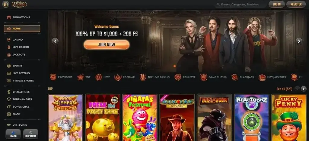 Gransino casino homepage showing welcome bonus and game lobby