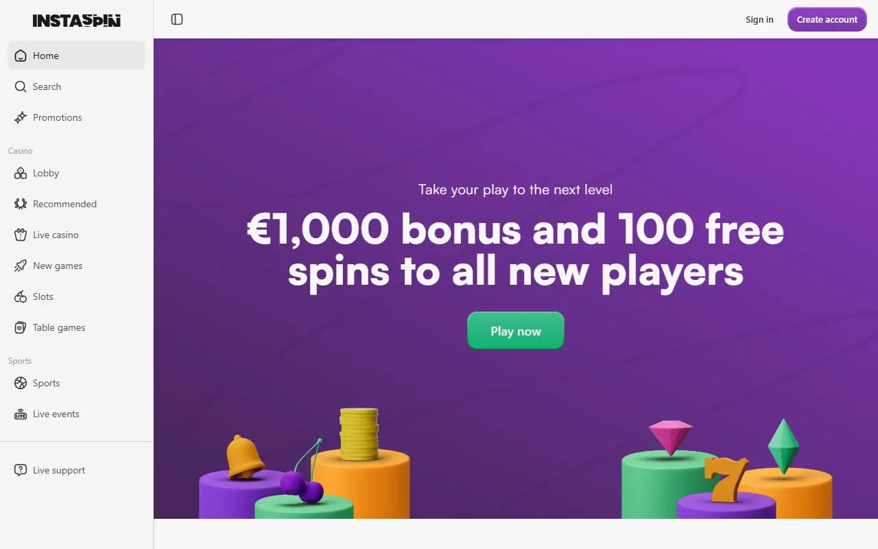 Instaspin Casino homepage screenshot