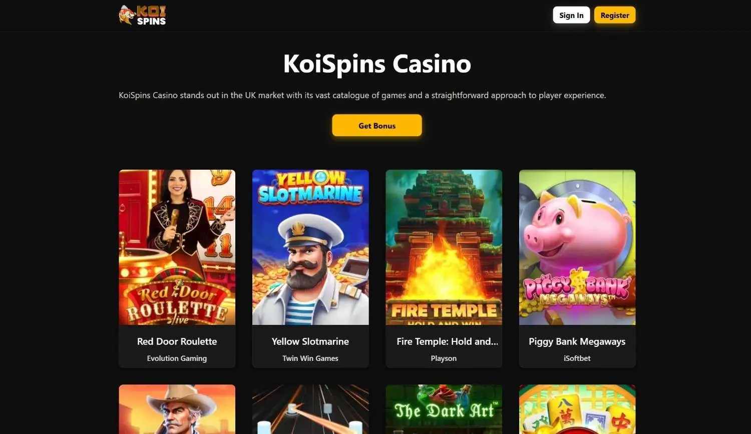 KoiSpins Homepage 2026-06 KoiSpins casino homepage screenshot