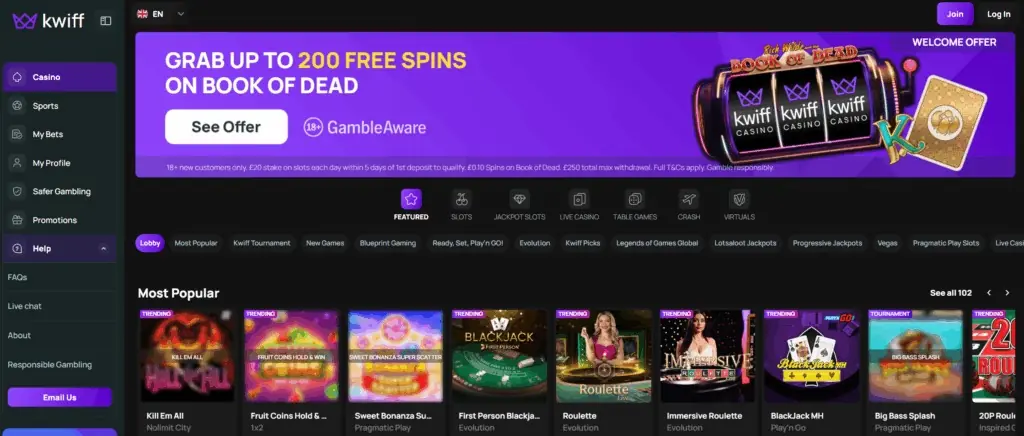 Kwiff Homepage 2026-06 Kwiff casino homepage screenshot