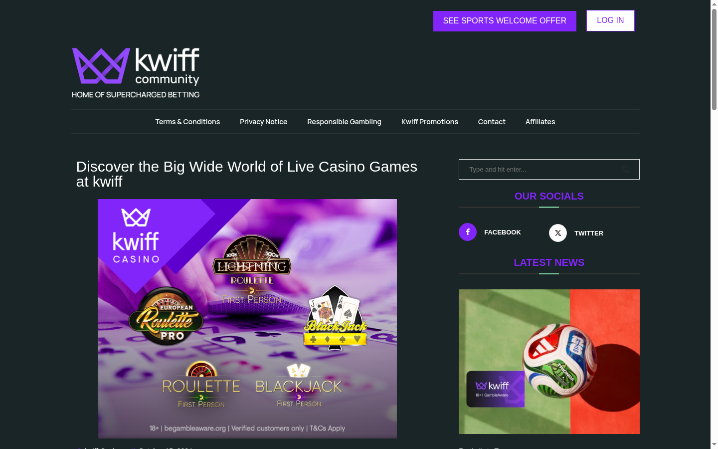 Kwiff Live homepage screenshot Kwiff Live homepage screenshot