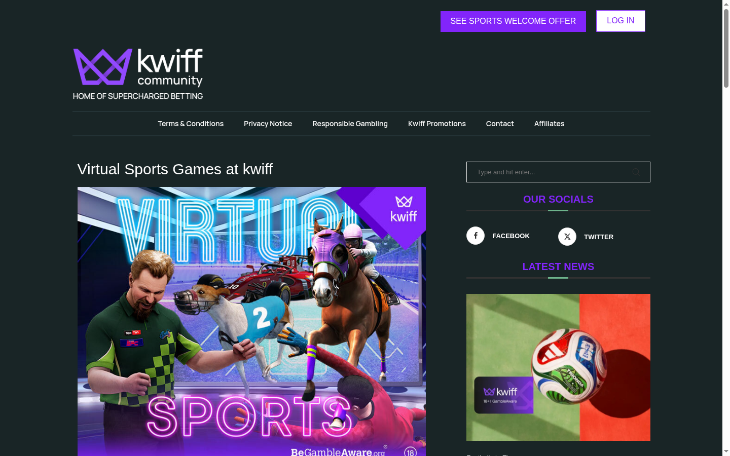 Kwiff Virtuals homepage screenshot Kwiff Virtuals homepage screenshot