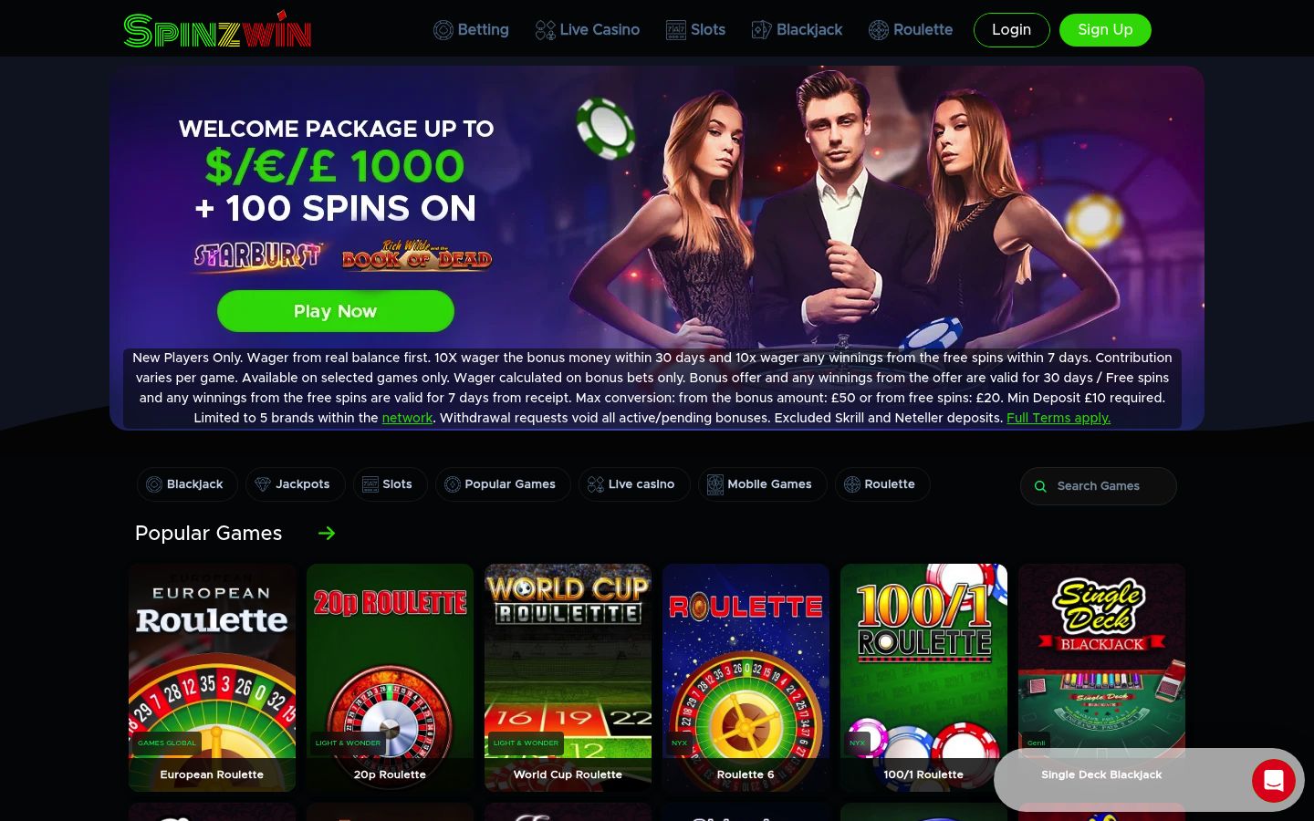 Spinzwin homepage screenshot Spinzwin homepage screenshot