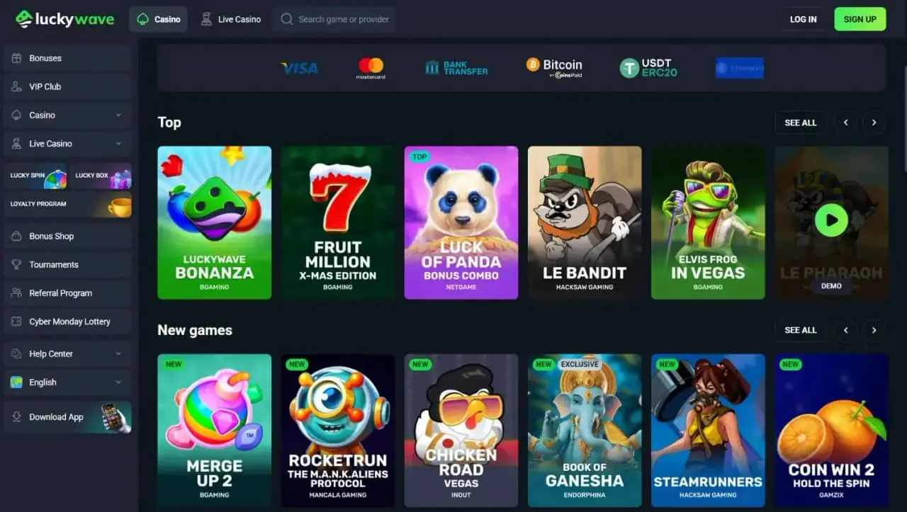 LuckyWave casino homepage