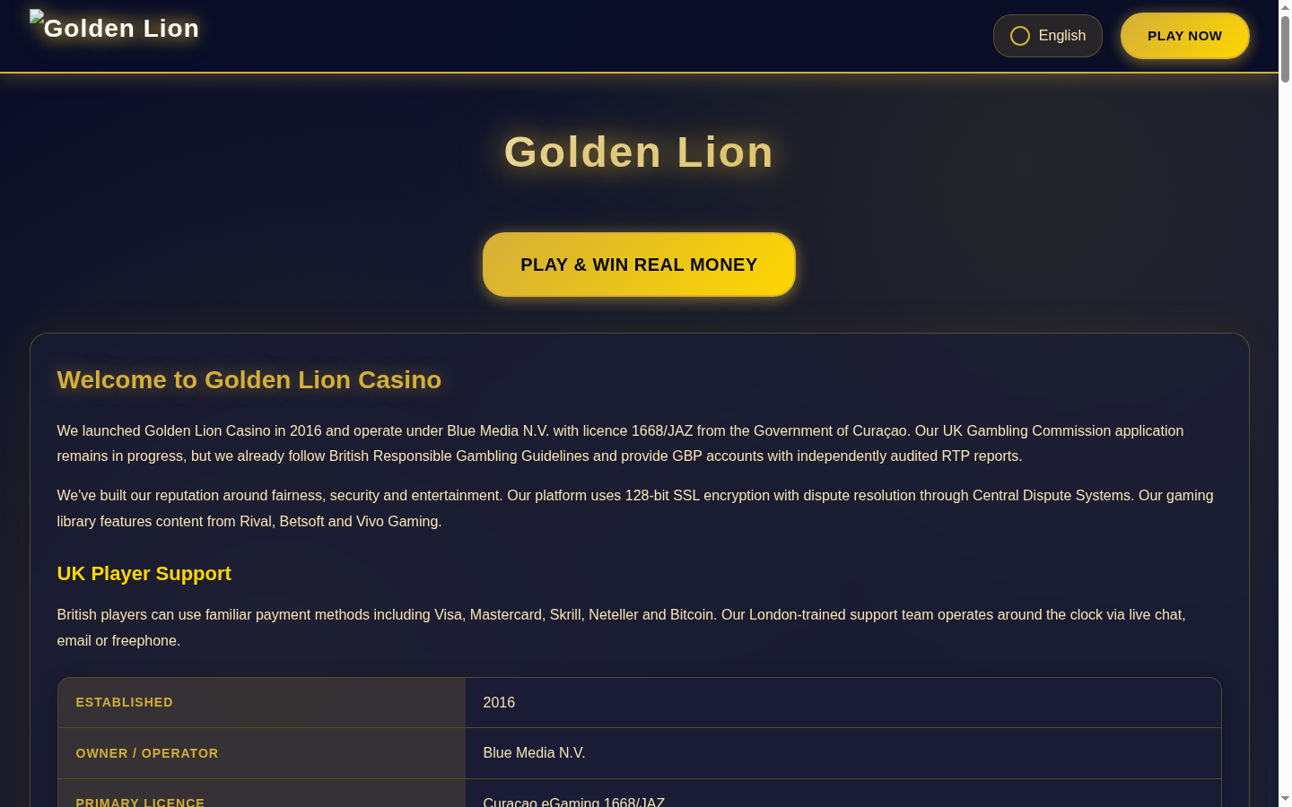 Golden Lion homepage screenshot