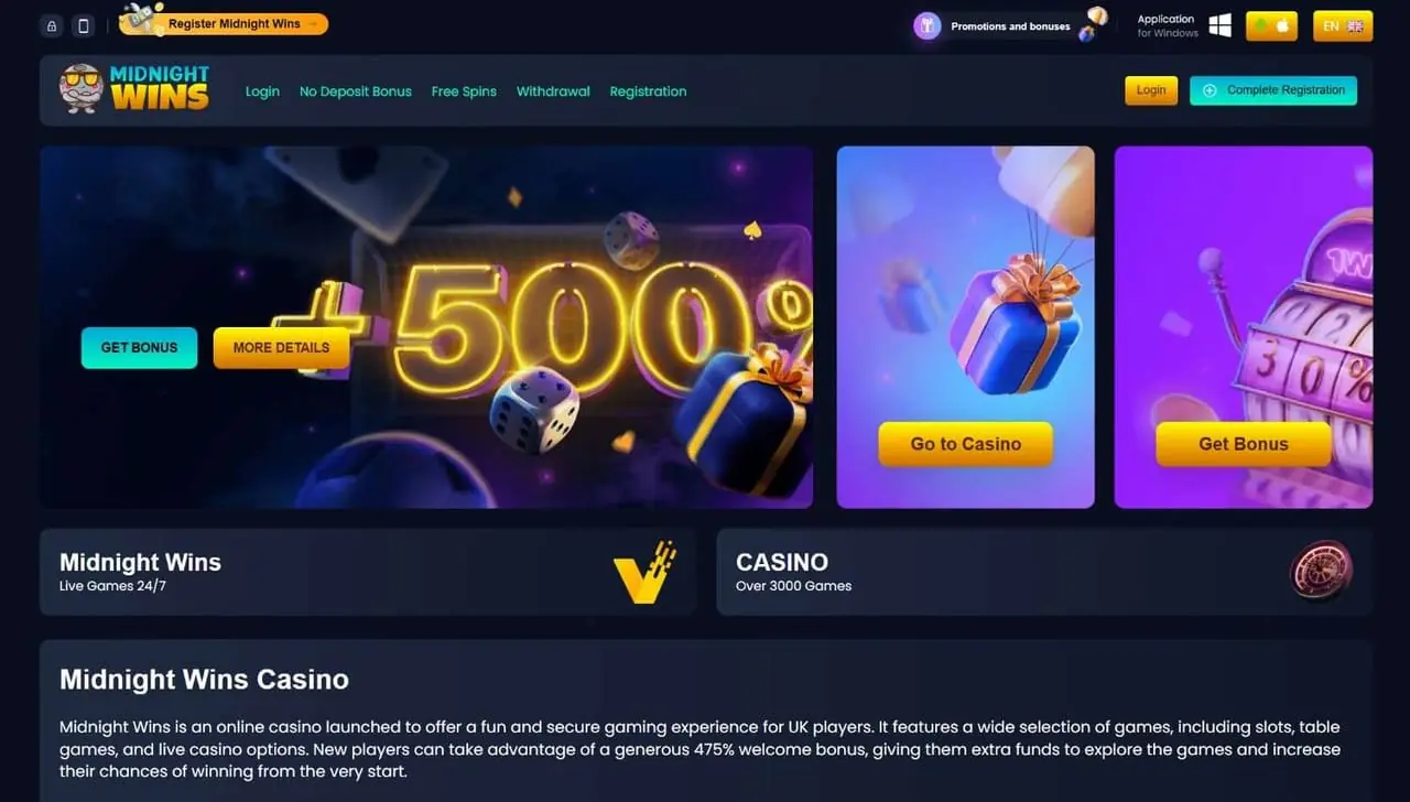 MidnightWins homepage screenshot