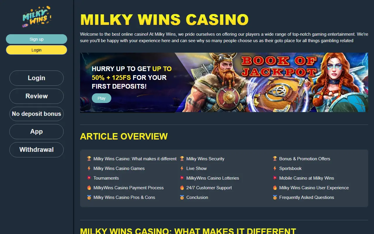 Milky Wins Homepage 2026-06 Milky Wins casino homepage screenshot