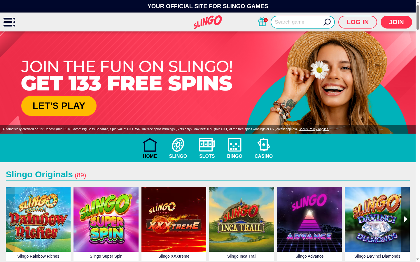Slingo homepage screenshot