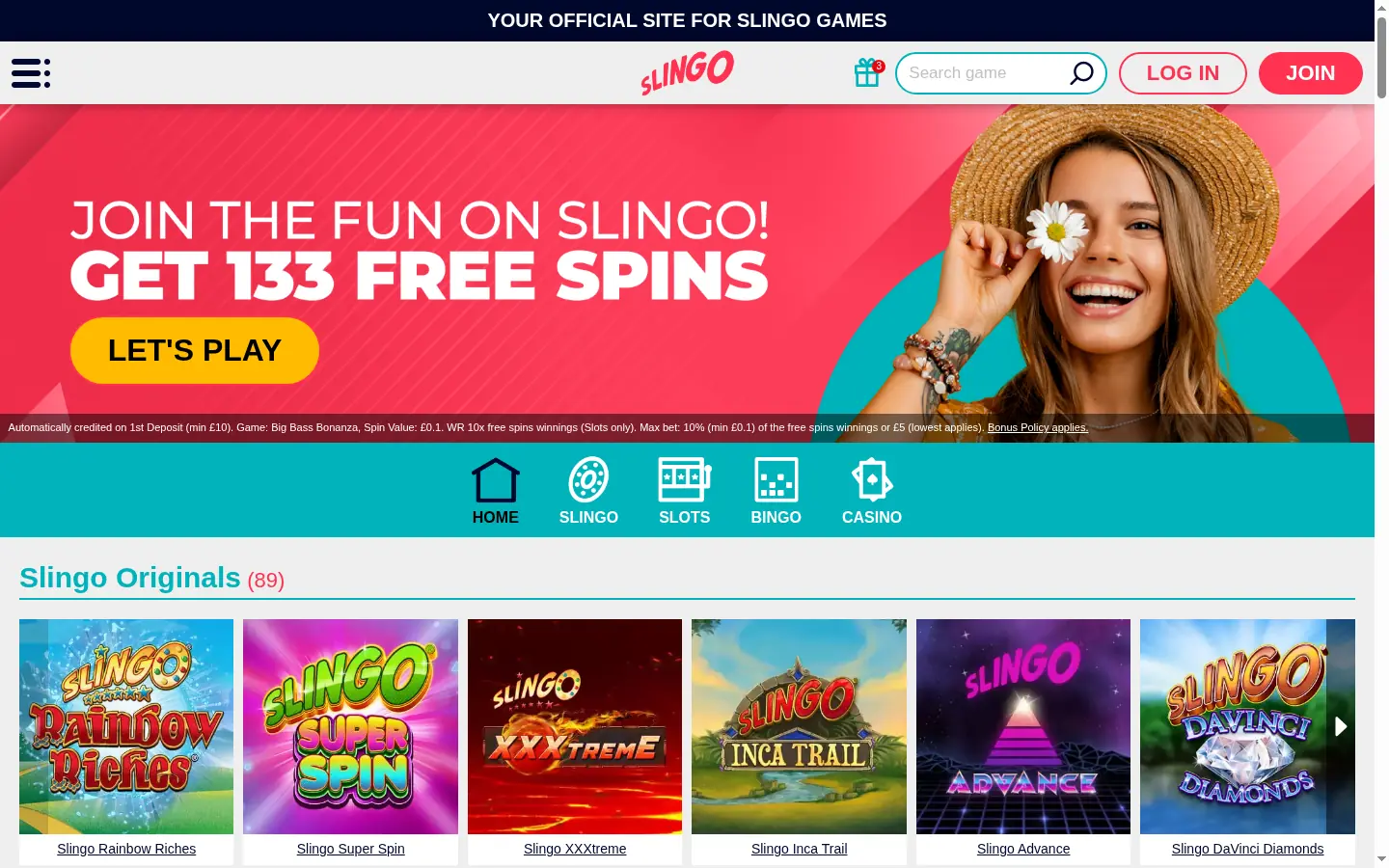 Slingo homepage screenshot