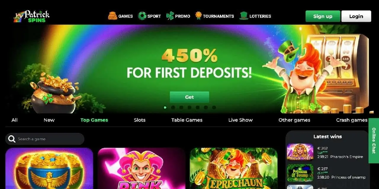 Patrick Spins Homepage 2026-06 Patrick Spins casino homepage screenshot June 2026