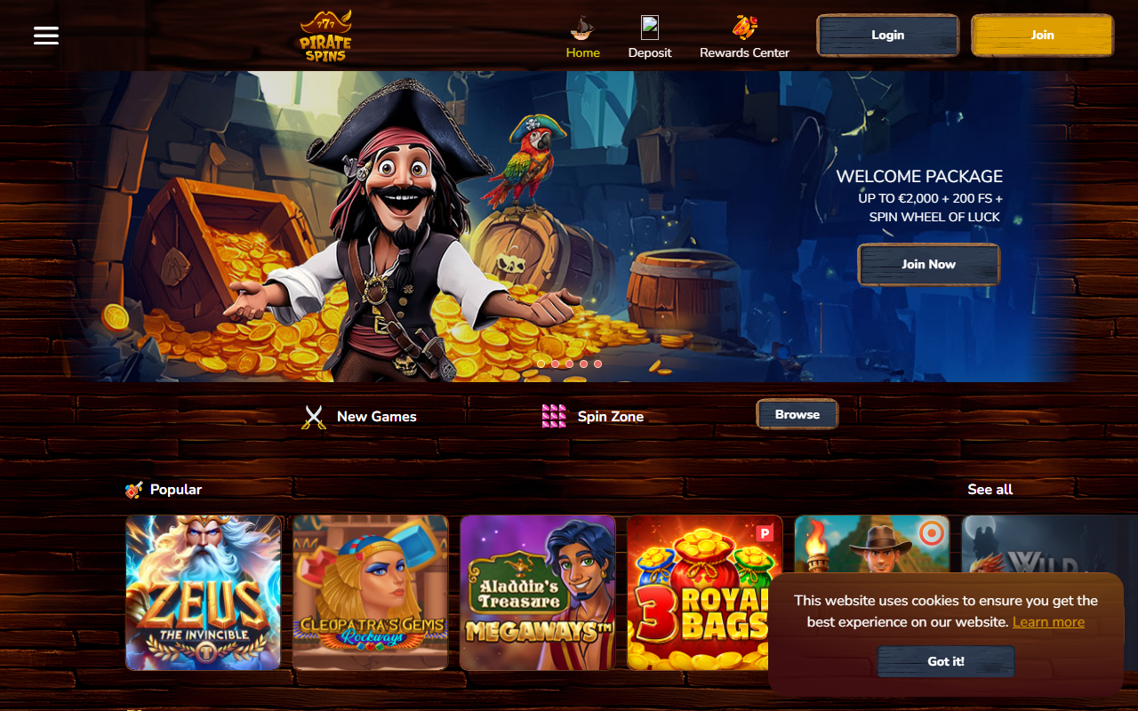 Pirate Spins casino homepage screenshot