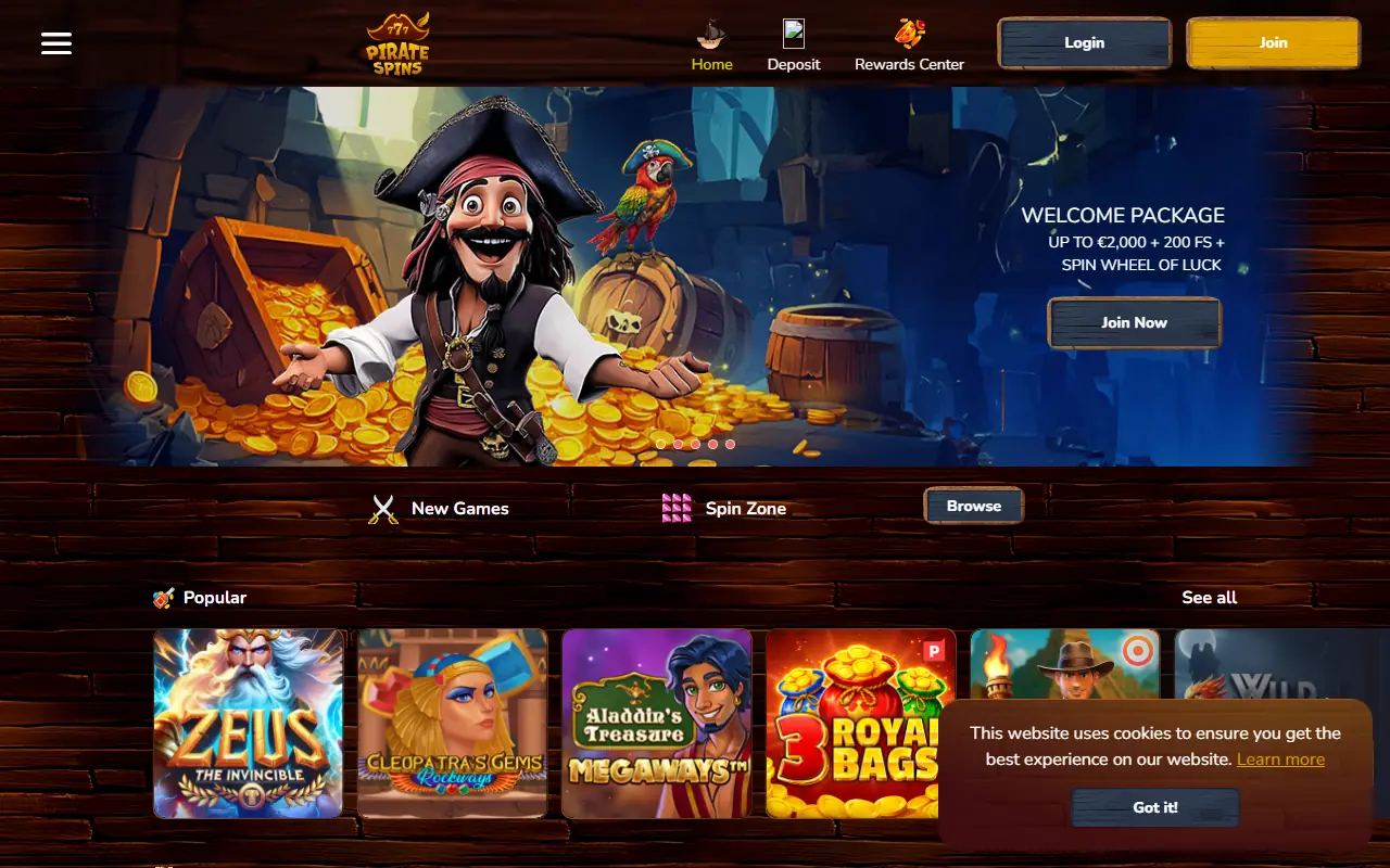 Pirate Spins casino homepage screenshot