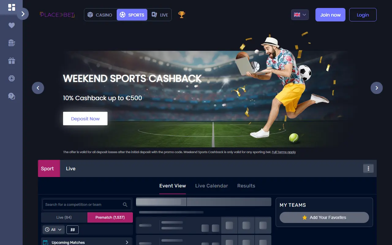 PlaceBet Homepage PlaceBet casino homepage