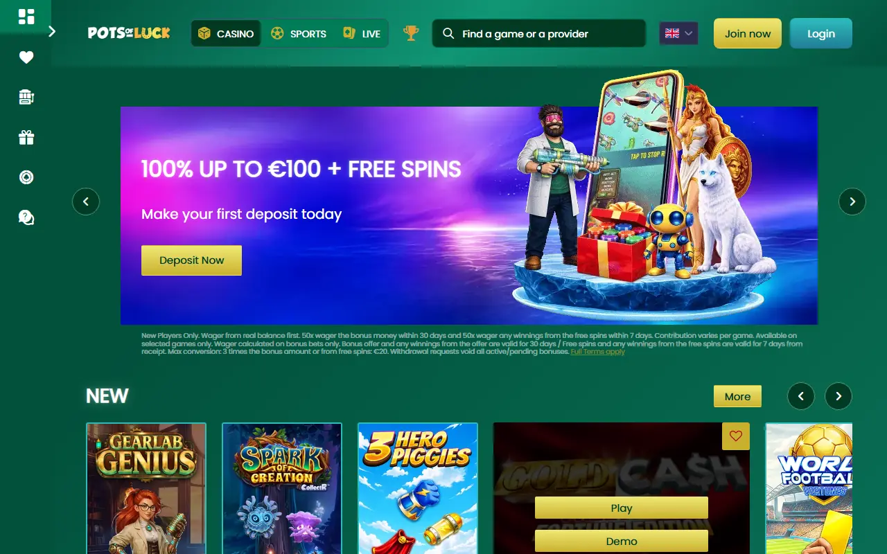 Pots of Luck Homepage Pots of Luck Casino UK homepage screenshot June 2026