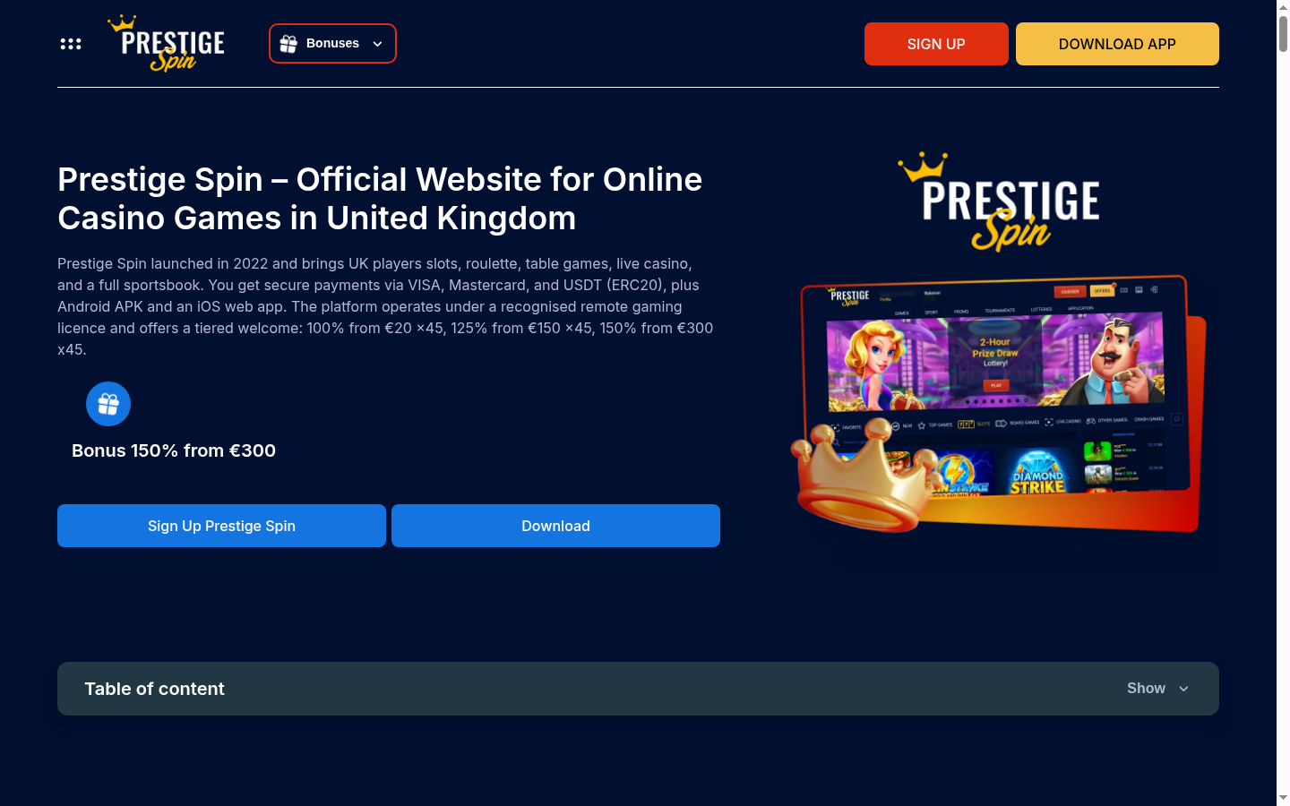 Prestige Spin Casino homepage screenshot