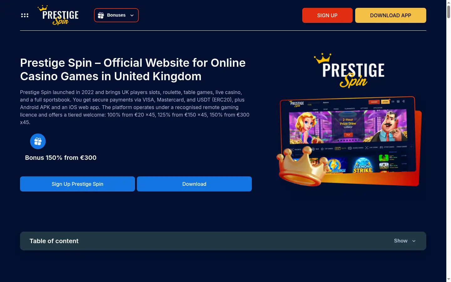 Prestige Spin Casino homepage screenshot