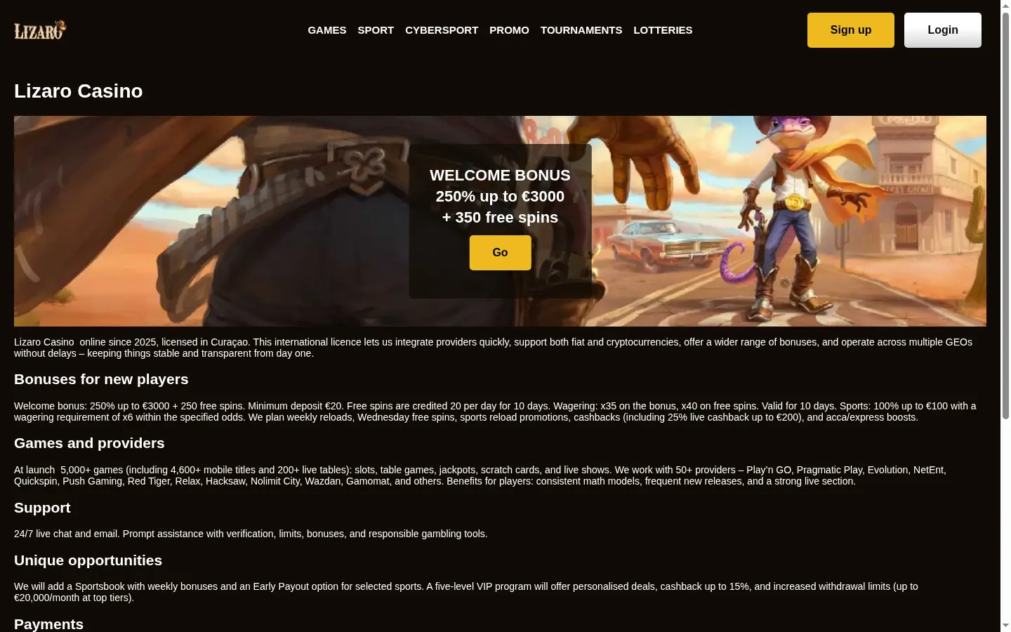 Lizaro homepage screenshot
