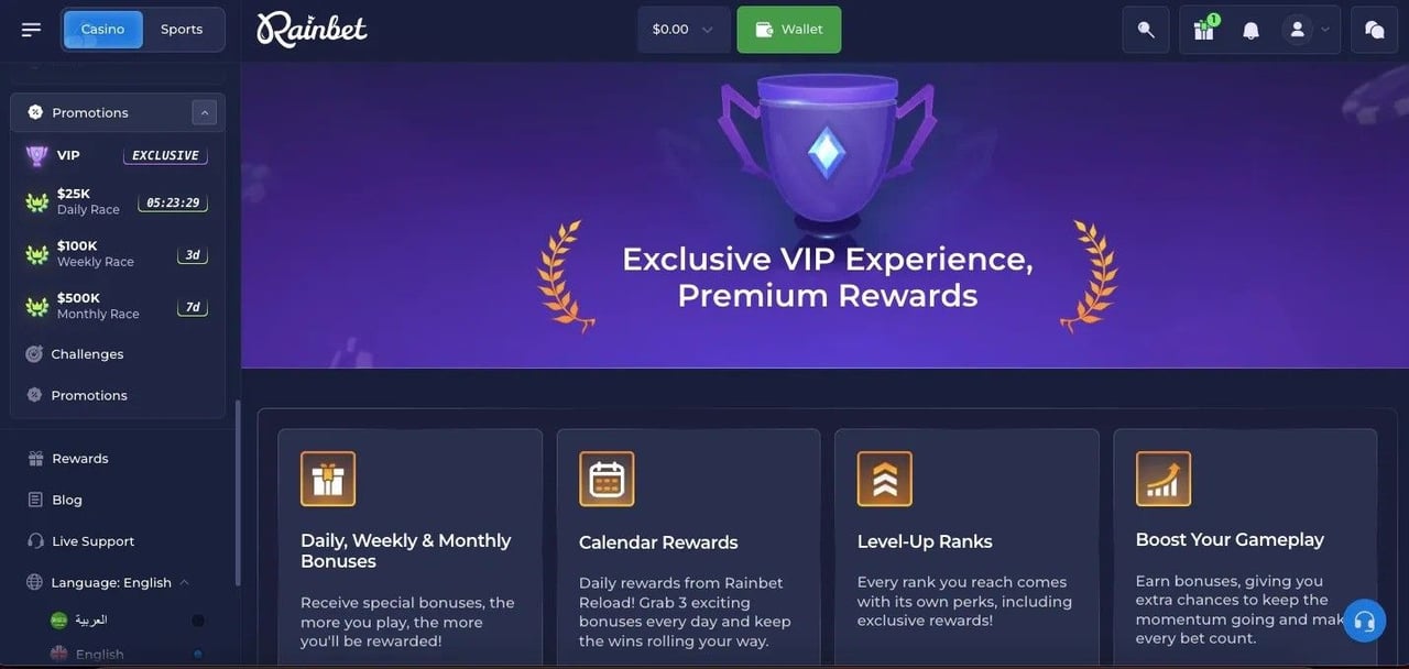 Rainbet Casino homepage screenshot