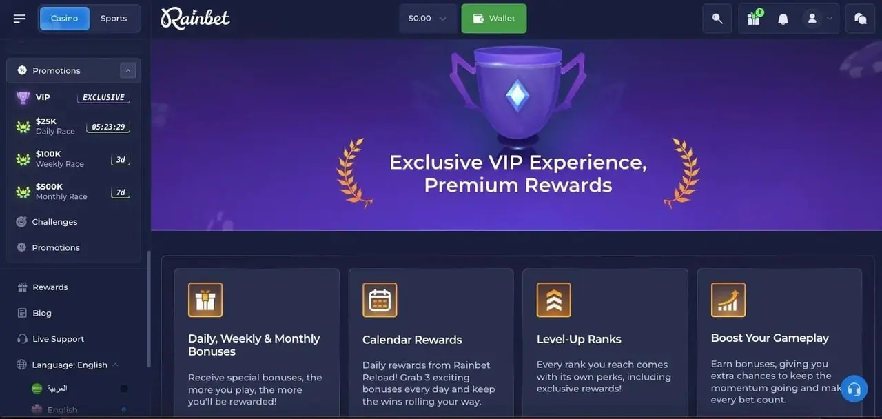 Rainbet Casino homepage screenshot