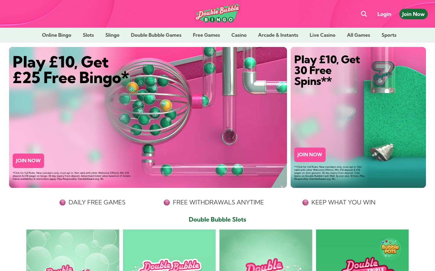 Double Bubble Bingo homepage screenshot