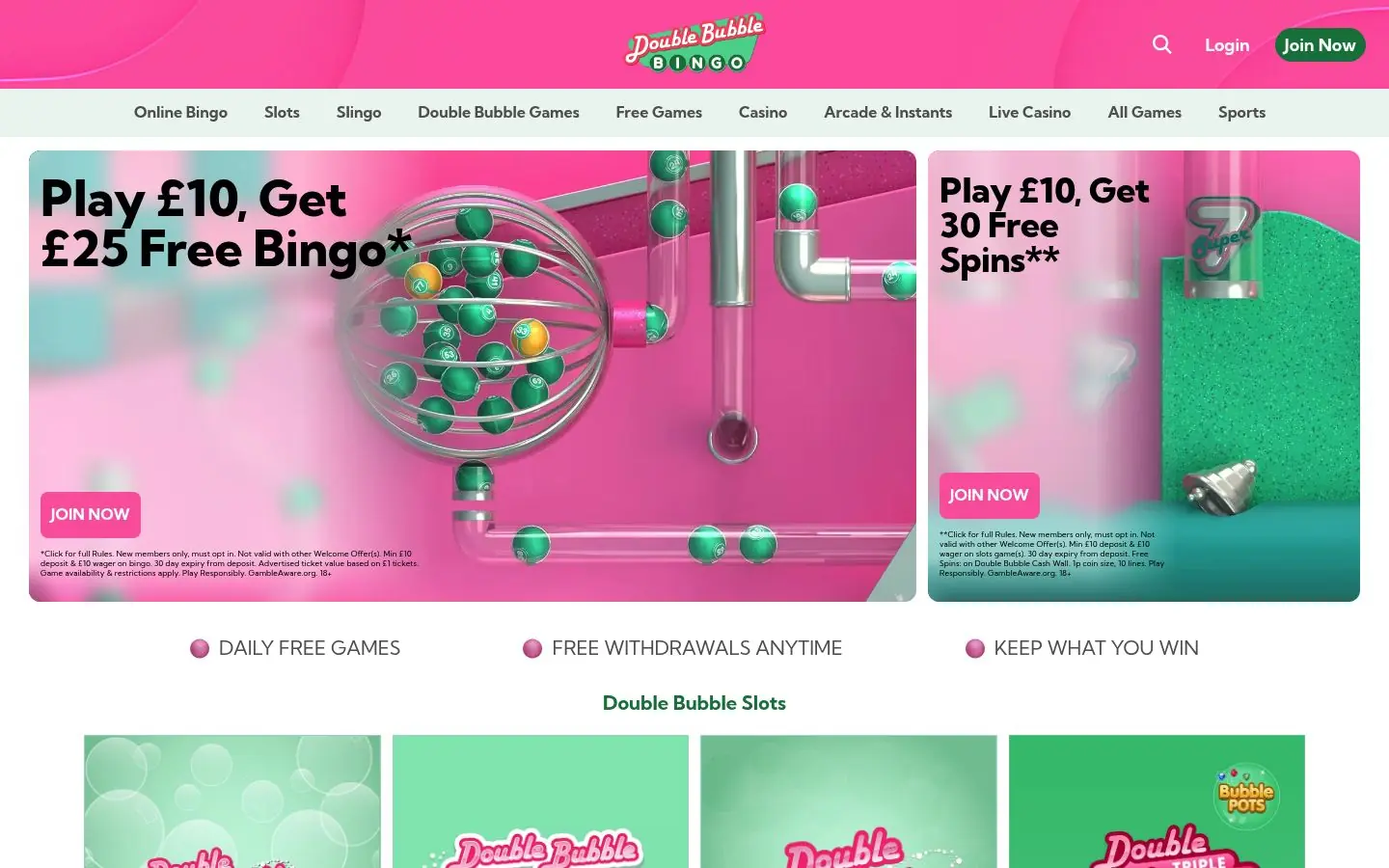 Double Bubble Bingo homepage screenshot