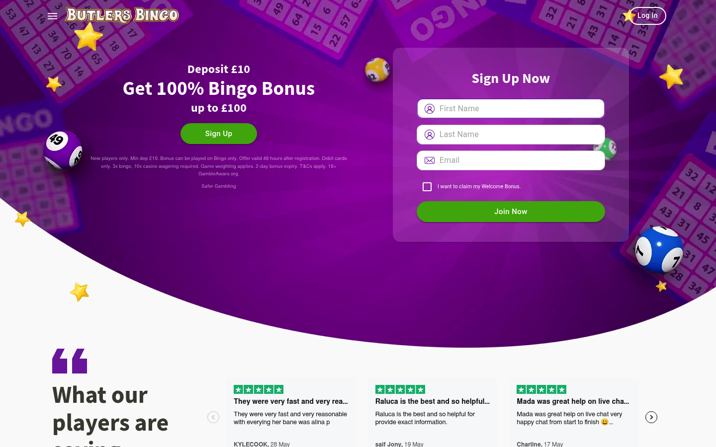 Butlers Bingo homepage screenshot