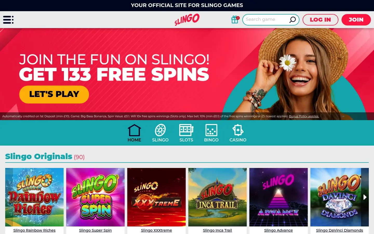 Slingo homepage screenshot