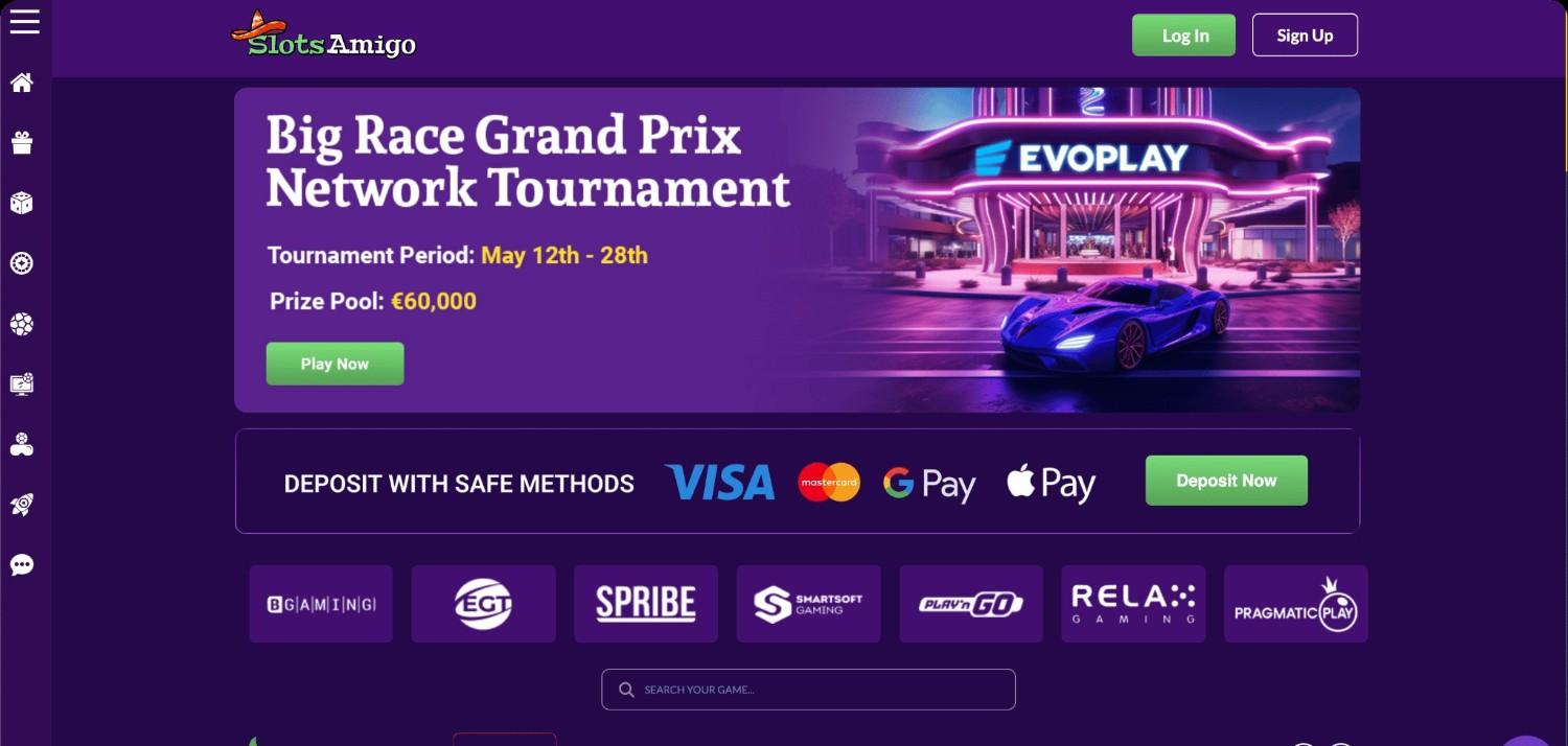 Slots Amigo casino homepage screenshot showing welcome bonus, deposit methods and provider logos
