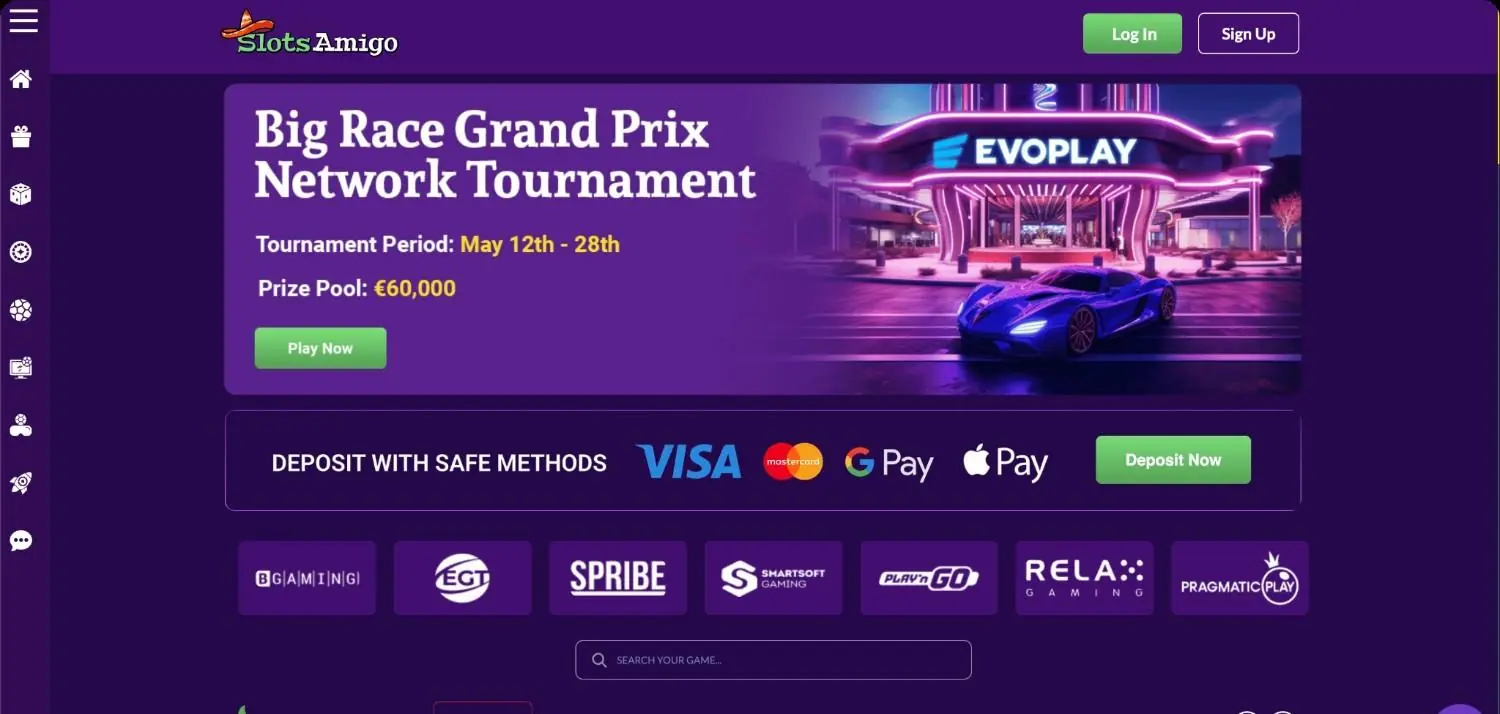 Slots Amigo casino homepage screenshot showing welcome bonus, deposit methods and provider logos