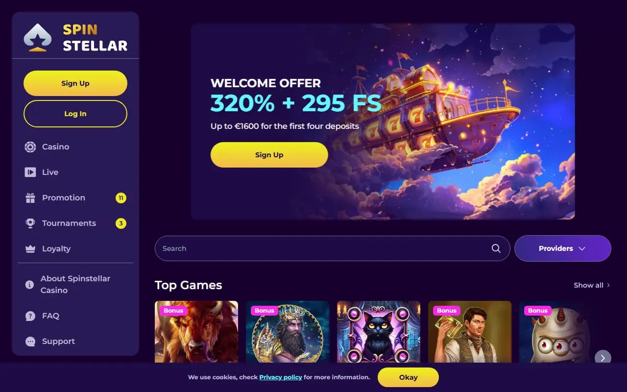 Spinstellar homepage screenshot