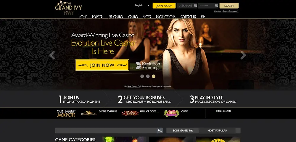 The Grand Ivy Casino homepage