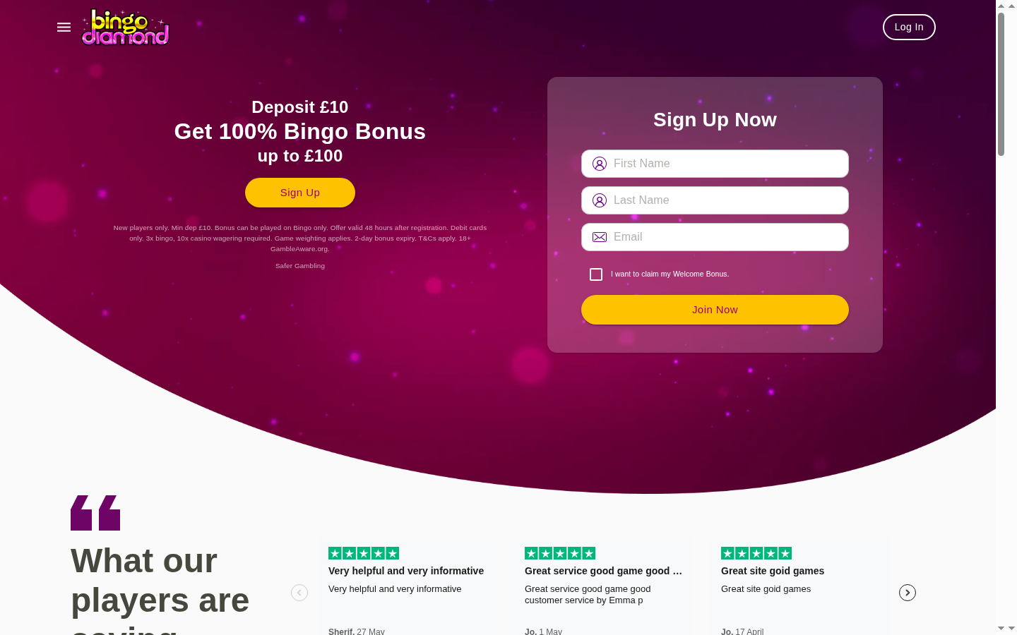 Bingo Diamond homepage screenshot