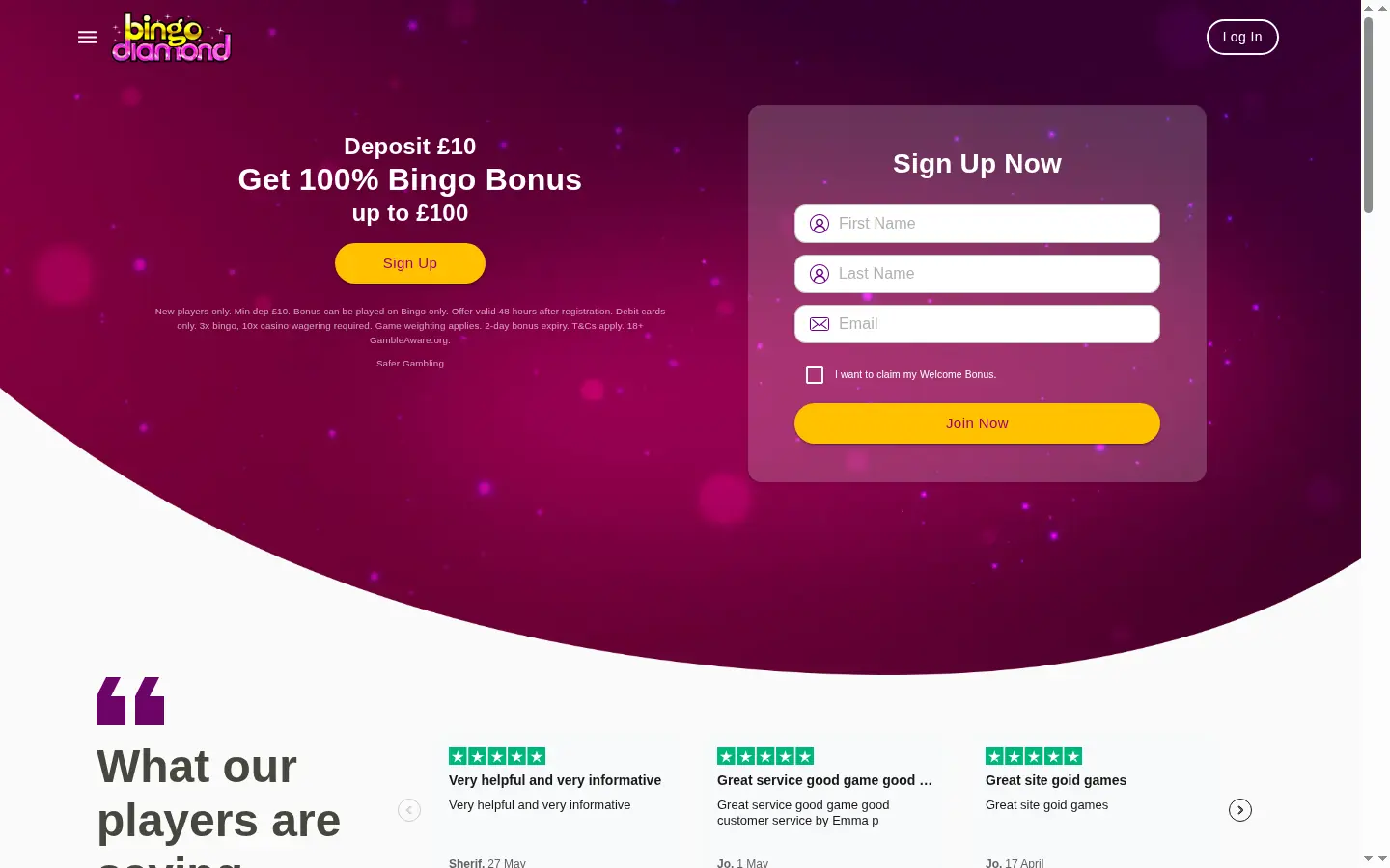 Bingo Diamond homepage screenshot