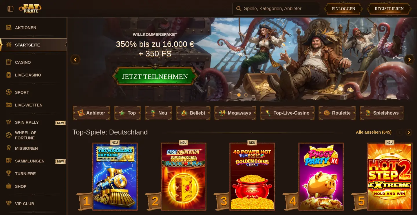 Fat Pirate Casino homepage screenshot