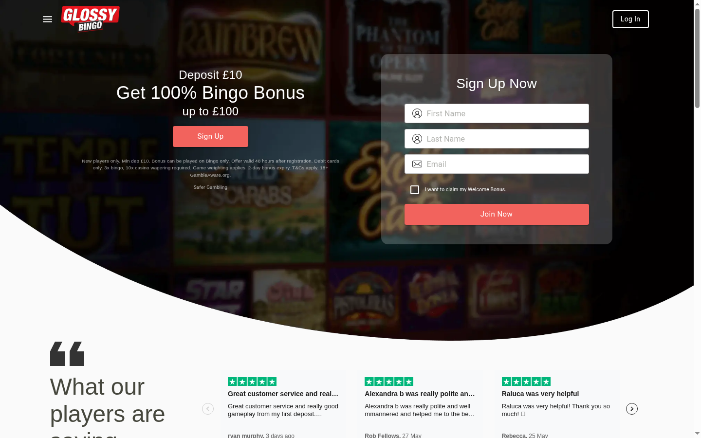 Glossy Bingo homepage screenshot