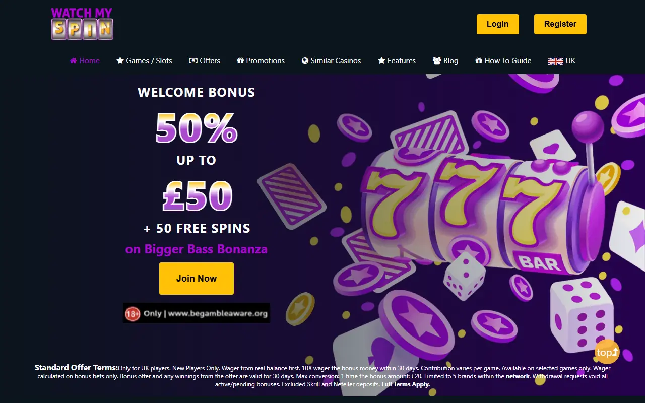 WatchMySpin Homepage WatchMySpin Casino UK homepage screenshot June 2026