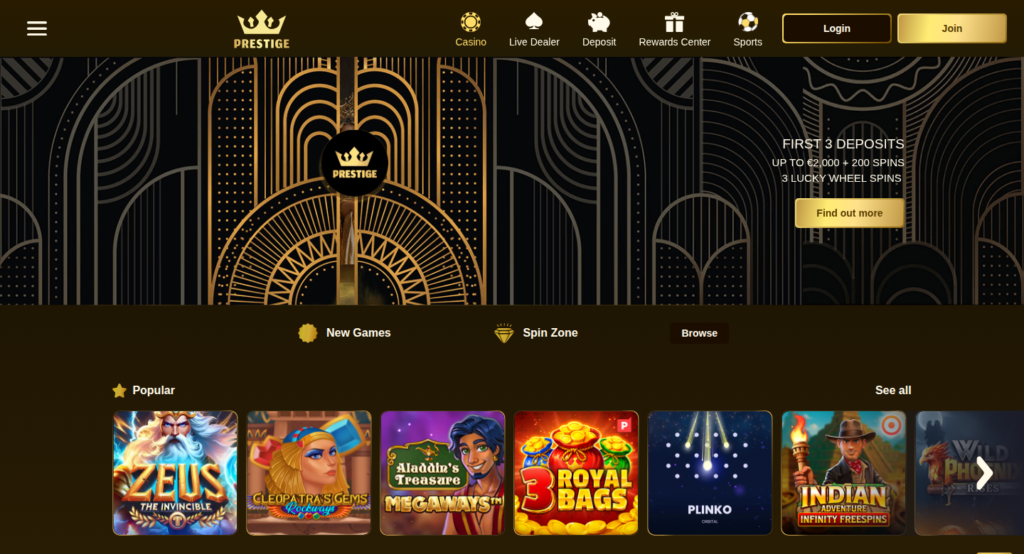 Prestige Casino homepage screenshot Prestige Casino homepage screenshot