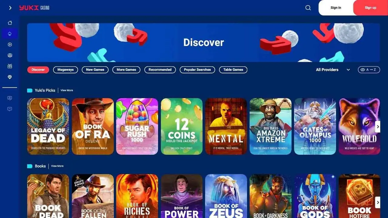 Yuki Casino Homepage 2026-06 Yuki Casino homepage screenshot showing slot game library and Discover section