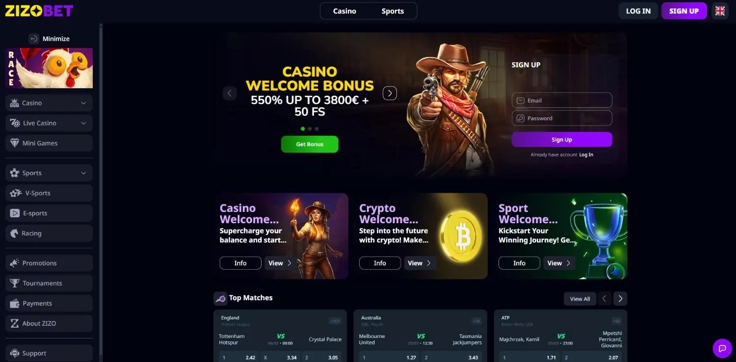 Zizobet casino featured homepage
