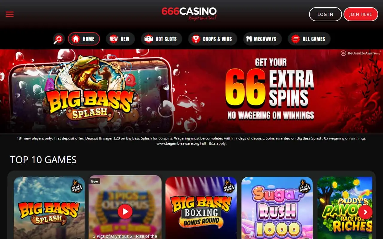 666 Casino Homepage July 2026 666 Casino homepage showing the current welcome spins offer